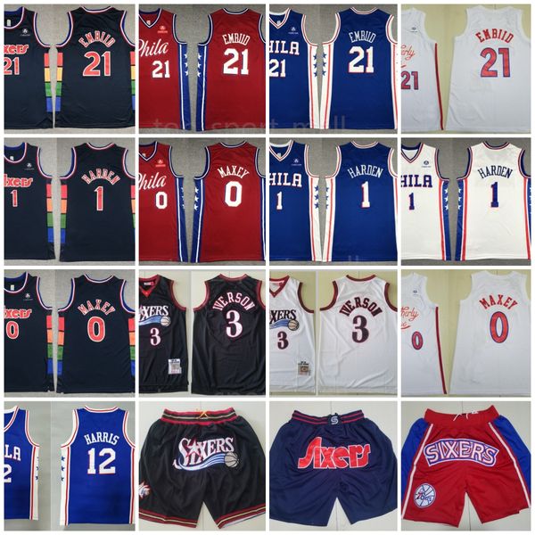 

men 21 joel embiid jerseys basketball 0 tyrese maxey 1 james harden allen iverson tobias harris deanthony melton tucker just don shorts city, Black;red