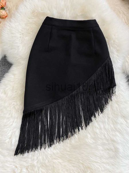 

skirts womernhigh waist fringed short skirt women's summer 2021 new style black irregular elastic hip skirt anti-glare skirt kk1744 j23