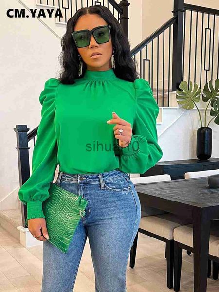 

women's blouses shirts cm.yaya women bow back stand neck puff long sleeve blouses 2022 new shirts fall winter office lady work blouse, White