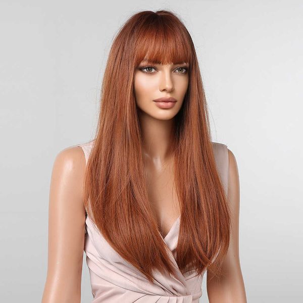 

synthetic wigs easihair long straight brown red ombre synthetic wigs with bangs natural hair wig heat resistant daily cosaply use for women, Black