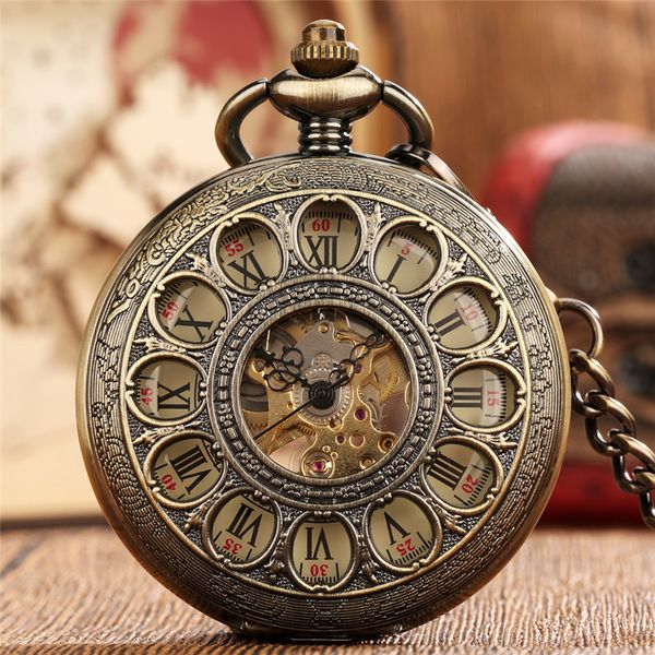 

vintage hollow out pocket watch roman number dial hand wind mechanical watches with pendant chain, Slivery;golden