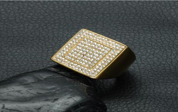 

hip hop ip gold filled titanium stainless steel micro pave rhinestone iced out bling big square rings for men jewelry1441015