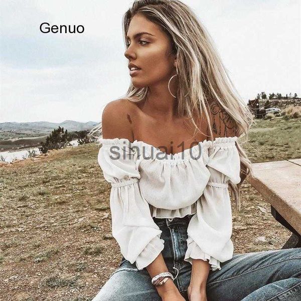 

women's blouses shirts fashion white chiffon blouse shirt off shoulder crop ruffles pull sleeve autumn women's shirt blusas j2306