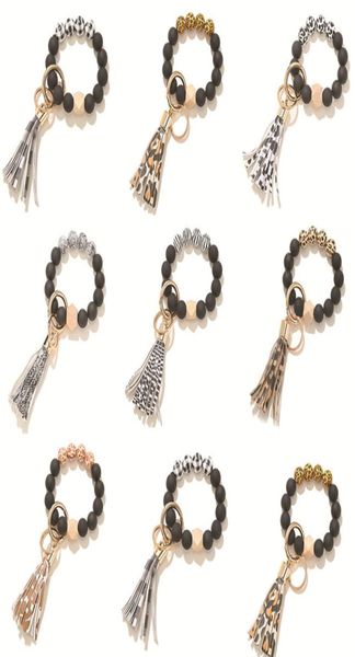 

multiful tassel circle wristlet keychain bangles fashion charm jewelry leopard printed wooden beads bracelet key chain for women g4786718, Silver