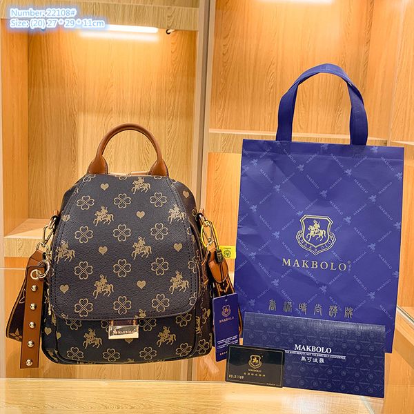 

wholesale ladies shoulder bag large capacity double zipper retro handbag elegant printing leisure travel backpack wear-resistant padded leather backpacks, Brown-22108#