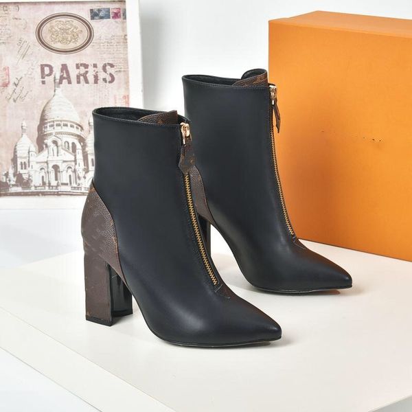 

luxury designer women boots ladies ankle boot fashion womens autumn winter high heel short platform leather 0621, Black