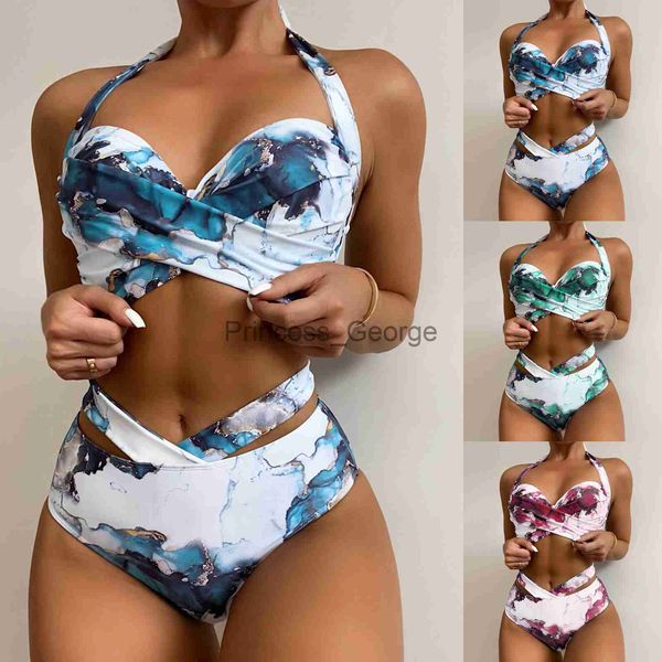 

women's plus size swimwear bikinis women 2022 summer two piece marble print swimsuit female push up halter ruched wrap front high waist, Black
