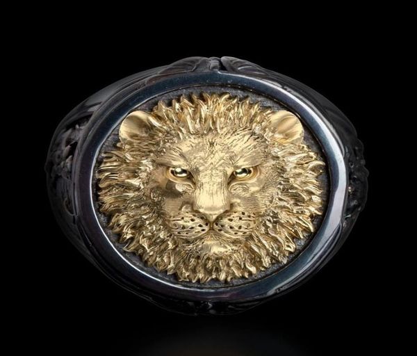 

men039s 18k yellow twotone black gold diamond cool africa grassland lion ring men wedding party jewelry size 75608066, Silver