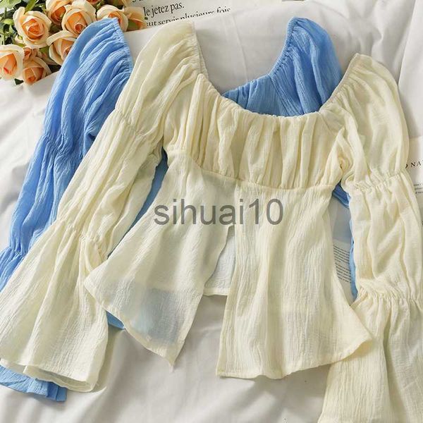 

women's blouses shirts sweet style pleated side slit woman blouse korean fashion long flare sleeve slash neck blusas mujer cropped drop, White