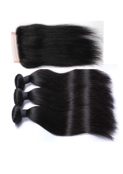 

brazilian peruvian hair weave natural color with closure unprocessed straight hair weft with lace closure 4pcs for a full he1336496, Black