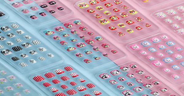 

24pcsset candy false nail tips press on children cartoon full cover kid glue self fake nail art for girls manicure tips1962545, Red;gold