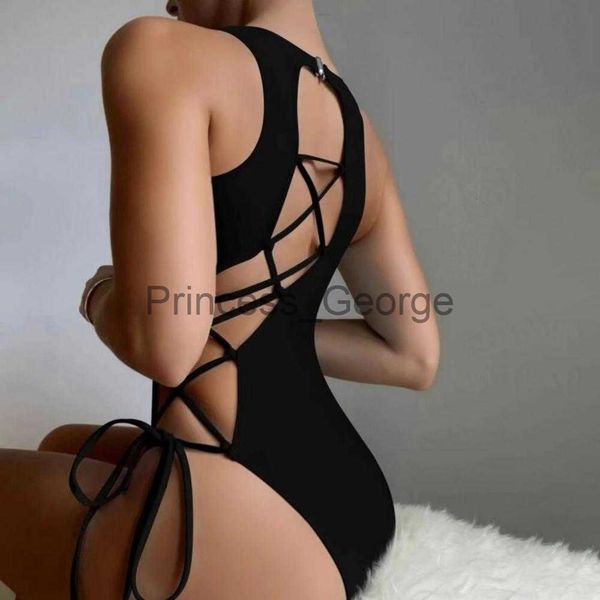 

women's plus size swimwear women monokini floral print hollow out multi straps lace up swimming adjustable elastic lady swimsuit water, Black