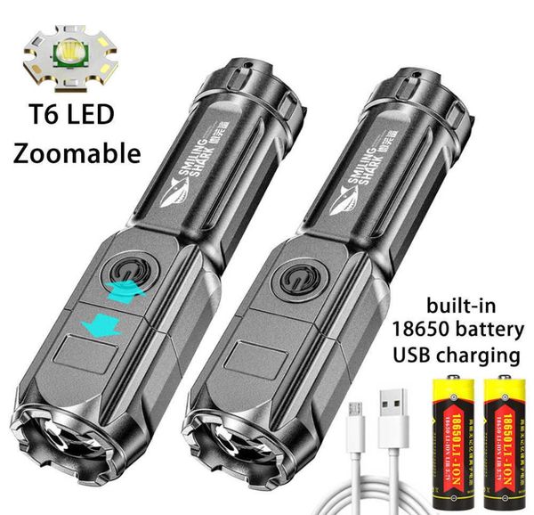 

led flashlight super bright zoomable usb rechargeable t6 tactical torch for camping hiking fishing 2106084747571