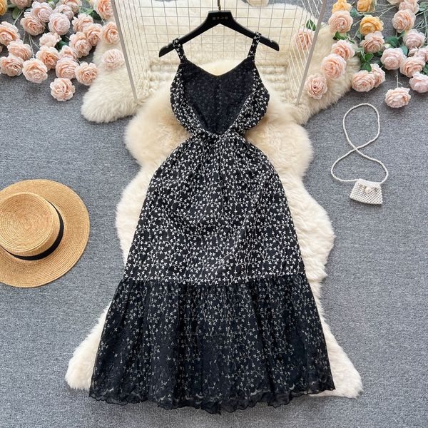 

french vintage heavy industry lace embroidery hook flower strap skirt slim at waist a-line ruffle dress, Black;gray