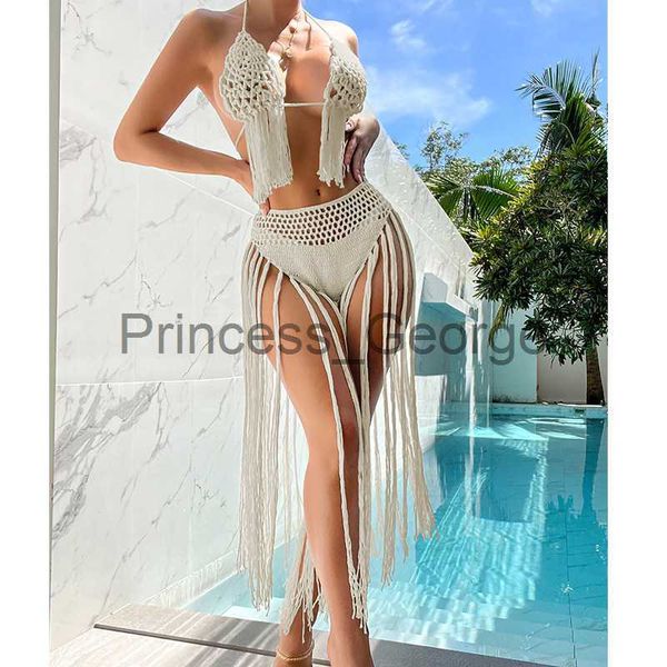 

women's plus size swimwear two piece knit crochet swimsuits for women 2023 beachwear push up halter tie up tassel bra with bottom cover, Black