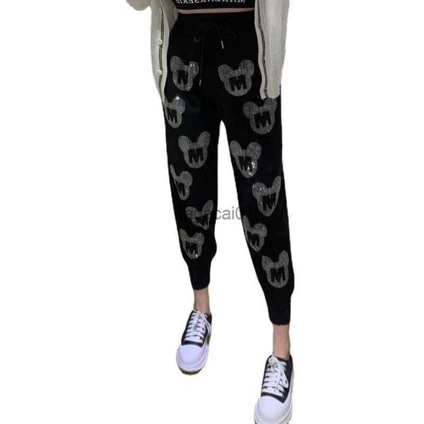 

rhinestones knitted harem pants women#39s casual pants printing autumn and winter korean high waist ladies loose trousers black, Black;white