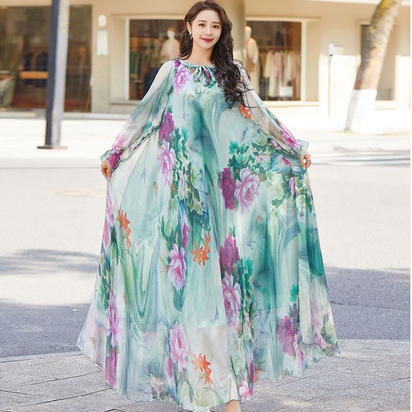

women floral printed maxi dresses spring summer casual o neck full sleeve high waist a line boho beach party long dress vestidos, Black;gray