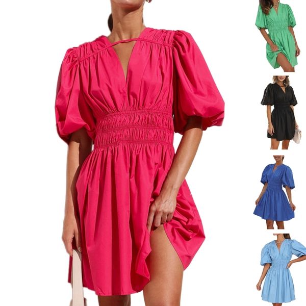 

women's summer v neck short puff sleeve mini dress cute smocked waist short dress dopamine wear a line dress gifts, Black;gray