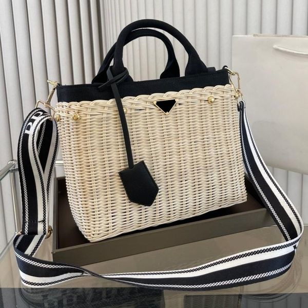 

fashion designer tote bag grade big brand triangle luxury lady handbag rattan hand woven beach bag large capacity lady bag in stock