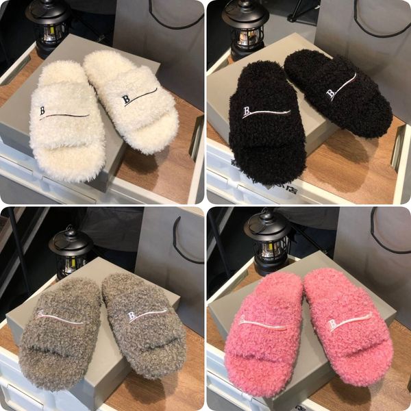 

luxury designers women ladies wool slippers slides winter fur fluffy furry warm letters sandals comfortable fuzzy girl flip flops slipper sl, Black