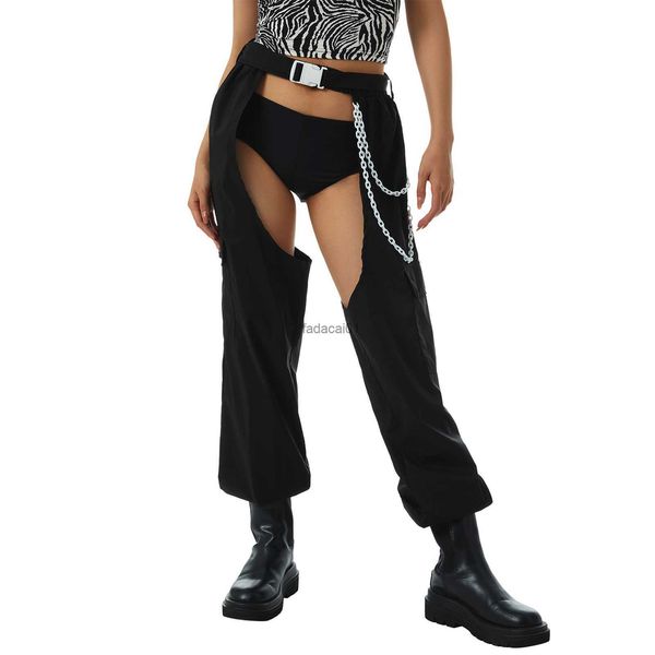 

2023 summer womens casual crotchless trousers fashion ladies solid color high waist long pants with chain belt new l230621, Black;white