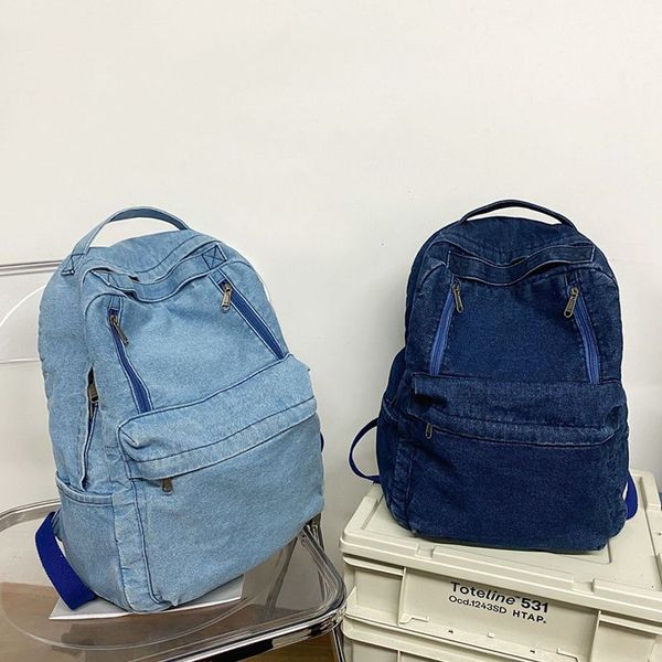 

korean ins simple high capacity denim backpack bag male college students retro ladies denim backpacks old