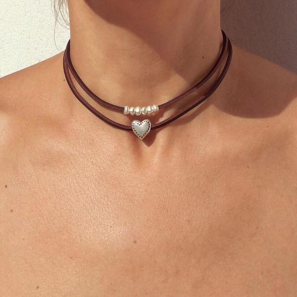 

bohemian double layer love collar chain alloy beaded leather rope collar minimalism beach necklace, Silver