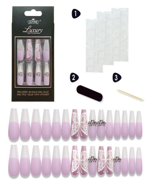 

30pcs full cover false nails press on long ballerina coffin acrylic nail tips manicure tool for christmas gift2122988, Red;gold