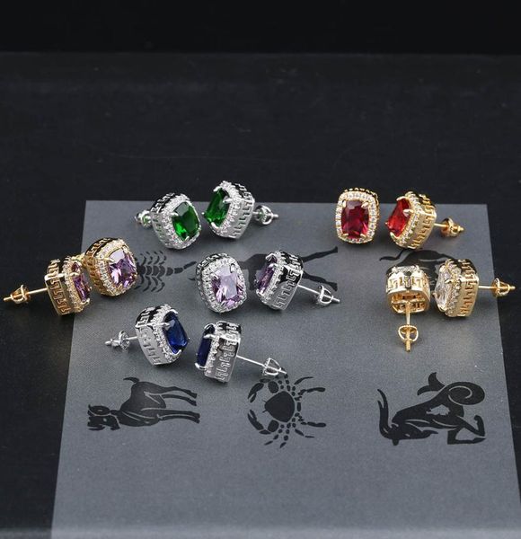 

mens hip hop stud earrings jewelry colorful gemstone fashion gold silver square simulated diamond earring7881764, Golden;silver