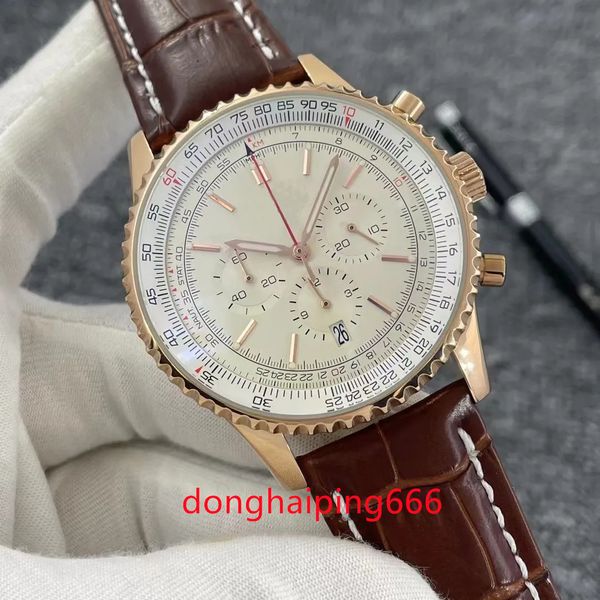 

b01 46mm new quality navitimer watch chronograph quartz movement yellow gold case limited silver dial 50th anniversary men watch leather str, Slivery;brown