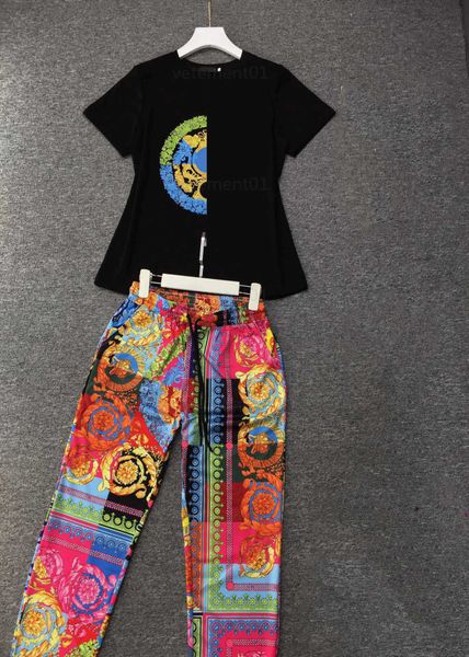 

summer two piece set designer shirts women suit fashion casual round neck short-sleeved t shirt classic pattern print loose sports pants des, Gray