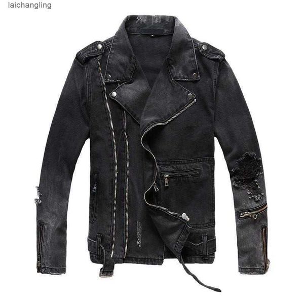 

qnpqyx slim mens ripped denim jackets trend high street locomotive models denim jacket black hole zipper slim lapel motorcycleuniv, Black;brown