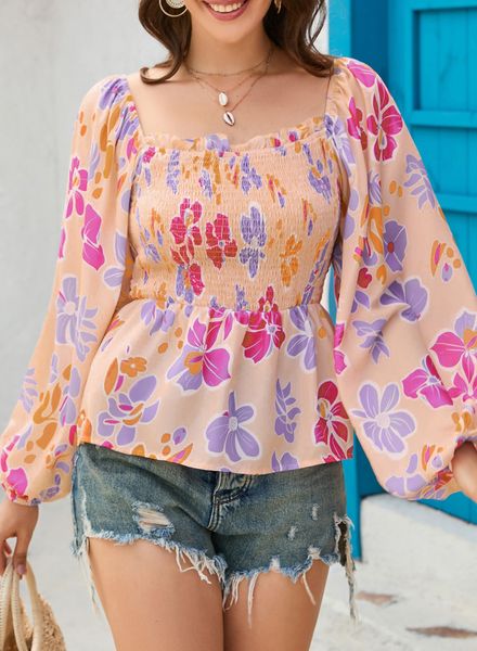 

floral smocked ladies long sleeve peplum blouses elegant for women, White