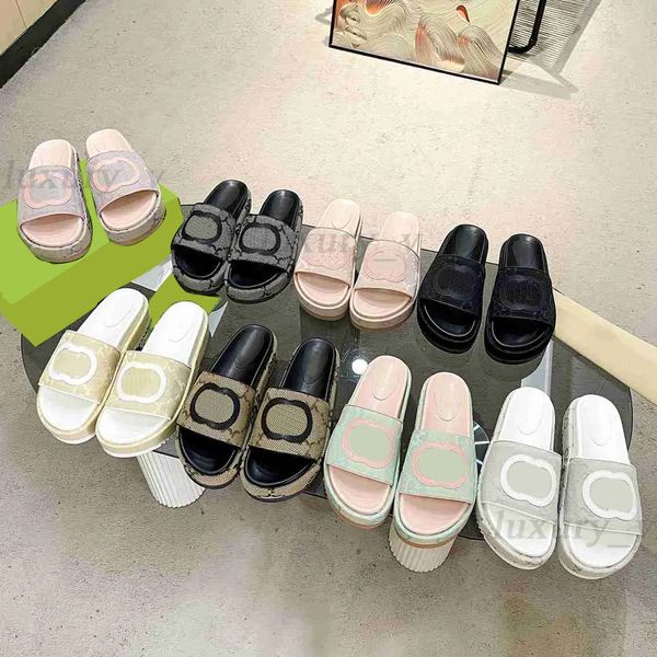 

designer platform slippers women canvas slides buckle leather sandals thick bottom high heels embroidered rubber flip flops 2023, Black