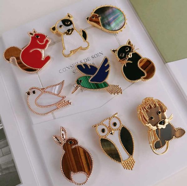 

luxury brand pure 925 silver jewelry gold animals bird lion rabbit hedgehog dog cat squirrel owl gemstone brooches1348489, Gray