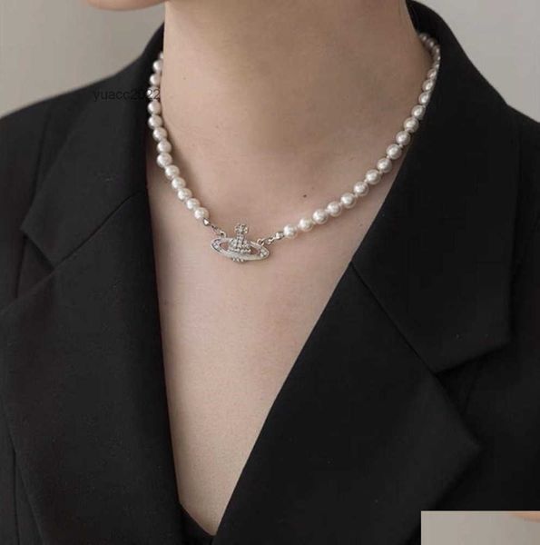 

pendant necklaces chaopai diamond encrusted pearl necklace womens net red light luxury vivian westwood fl planet clavicle tidal flow design, Silver