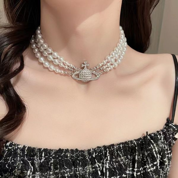 

saturn necklaces pearl beaded diamond tennis necklace woman silver plating triple chains vintage trendy style desigenr jewelry