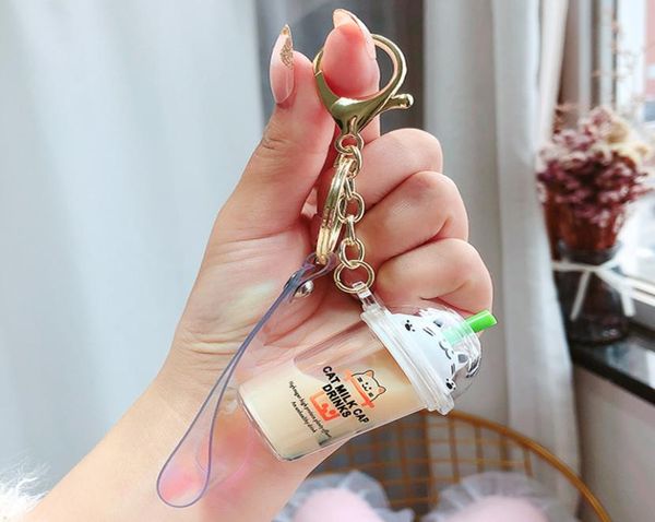 

keychains cartoon cute cat car keychain creative milk tea cup liquid crystal quicksand sequin key ring bag pendant 20207580728, Silver