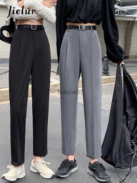 

jielur korean fashion office wear straight gray black pants women female capri trousers autumn casual suit pants with belt s4xl l230621, Black;white