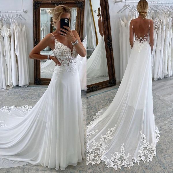

boho lace a line wedding dresses straps backless button appliques sweep train designer wedding bridal gowns, White