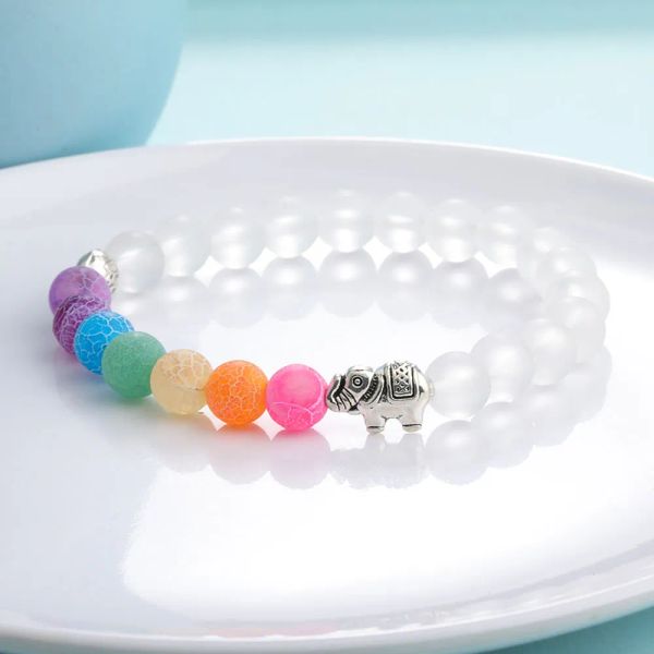 

men women elephant charms 7 chakra bracelet clear white agate colorful wind fossils bead bracelet jewelry, Black