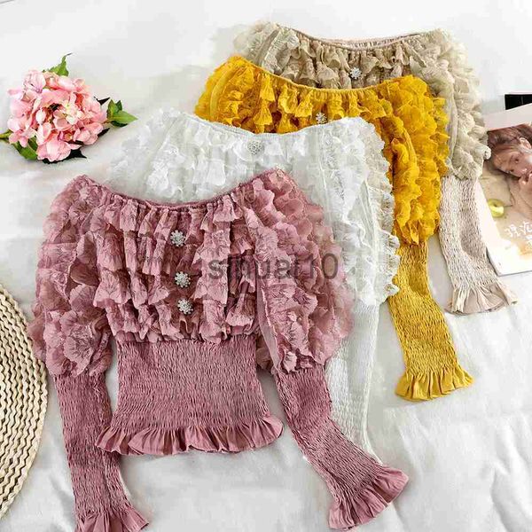 

women's blouses shirts 2021 spring autumn women puff sleeve slash neck ruffles chic shirt lady short elastic slim waist lace button par, White