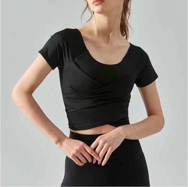 

designer lulus crop women summer outdoor yoga women's one piece nude fit sports short sleeve t-shirt fiess shirt with chest, White;red