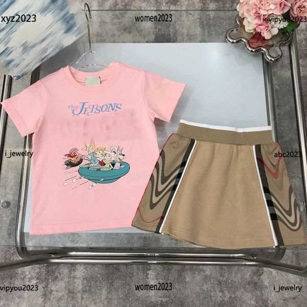 

2023 summer baby tracksuits kids short skirt sets 2pcs cartoon letter character pattern printed t-shirt and plaid skirt #multiple product, White
