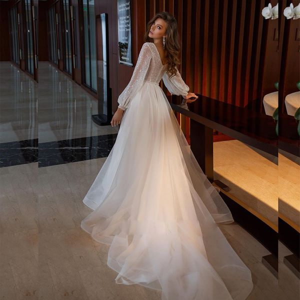 

summer country lace bling wedding dress with long bishop sleeves deep v neck bridal wedding gown simple beach women dress for bride, White