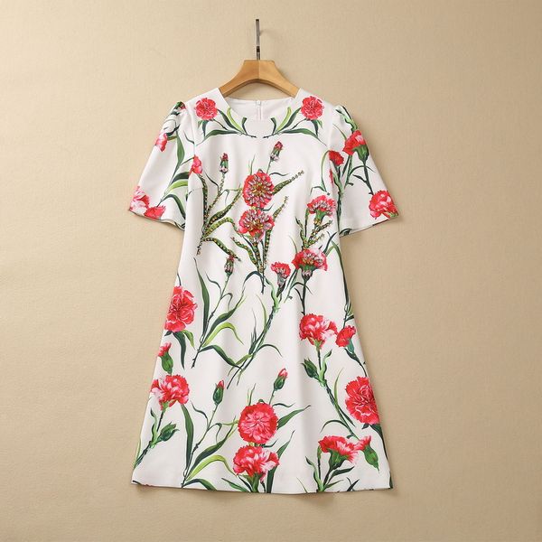 

european and american women's dress 2023 summer new style short-sleeved heavy duty beaded carnation printing fashion dress xxl, Black;gray