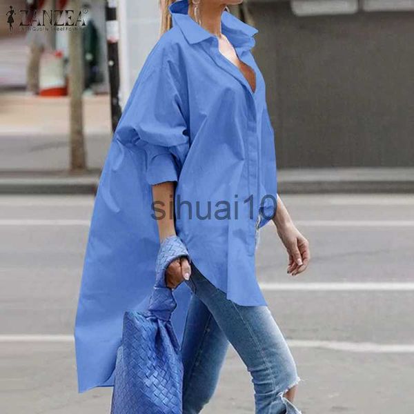 

women's blouses shirts zanzea 2023 stylish long shirt women casual solid full puff sleeve blouse elegant high low button chemise vintag, White