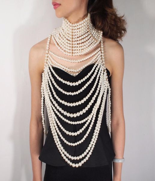 

manilai imitation pearl statement collar necklaces multilayer pendants necklaces women exaggerate body chain jewelry y2009184634682, Silver