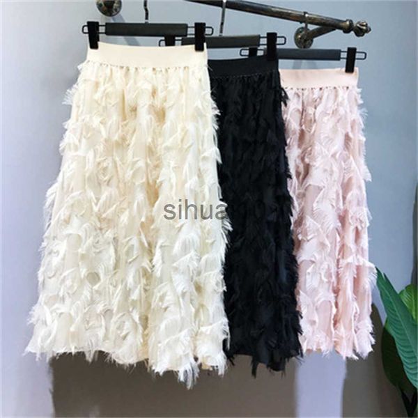 

skirts 2021 spring women pleated skirts fashion feather tassel pleated skirts high waisted elastic women casual party skirt h275 j230621, Black