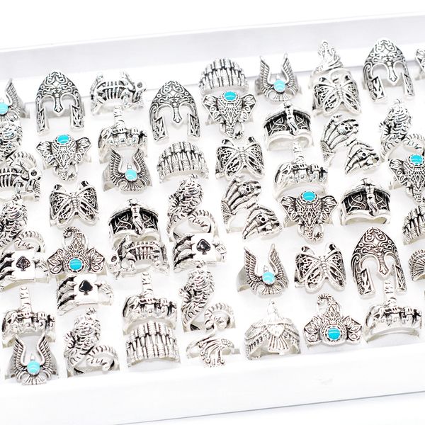 

wholesale 30pcs mixed punk gothic vintage rings for men women antique silver plated animals skull party gift jewelry bulk lots, Golden;silver